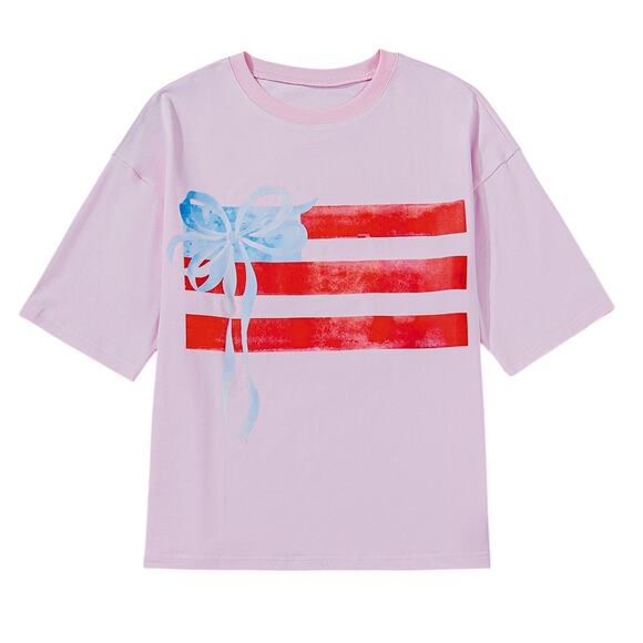 Light Pink With Blue Bow Flag Graphic Crewneck Top New S M L XL - Picture 3 of 13